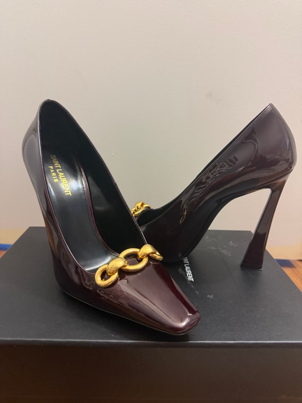 Saint Laurent Patent Burgundy Pumps with Gold Chain